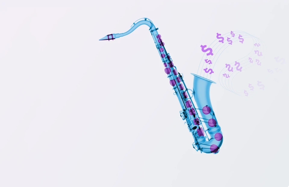 Celebrating USD savings accounts - saxophone with dollar symbols