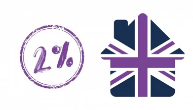 Blue house with purple Union Jack flag on