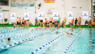 people in pool swimming in Skipton Swimarathon