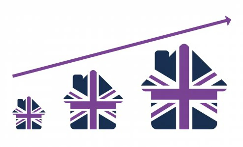 Union jack houses underneath purple arrow