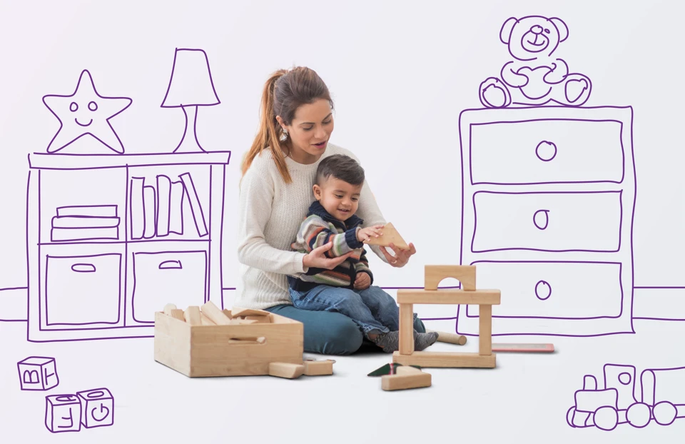 Mother and child playing with wooden blocks