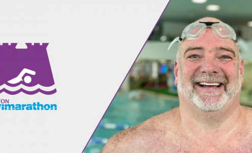 Skipton Swimarathon logo along side man smiling in a swimming pool