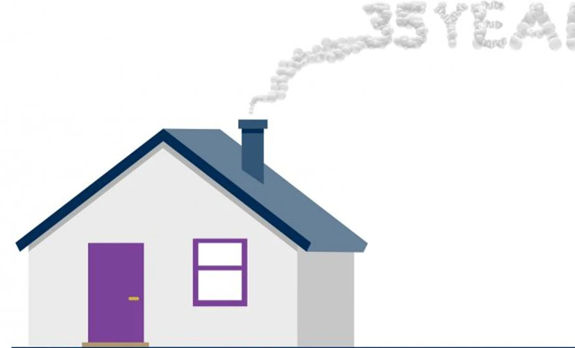 house with a smoke cloud saying 35 years coming out the top